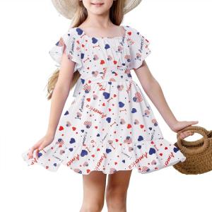 imageAmerican Trends Girls Dress Ruffle Dress Tie Back Short Sleeve Square Neck Off Shoulder Dress for Girls 415 YearsAmerican Flag