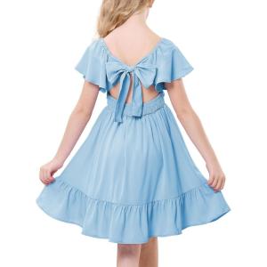 imageAmerican Trends Girls Dress Ruffle Dress Tie Back Short Sleeve Square Neck Off Shoulder Dress for Girls 415 YearsBule