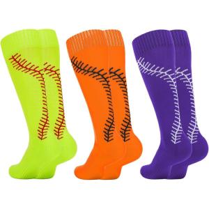 imageAmerican Trends Girls Softball Socks with Stitches 3 Pairs Youth Athletic Softball Socks for Youth Soccer Baseball SocksOrange  Yellow  Purple