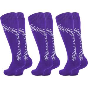 imageAmerican Trends Girls Softball Socks with Stitches 3 Pairs Youth Athletic Softball Socks for Youth Soccer Baseball SocksPurple