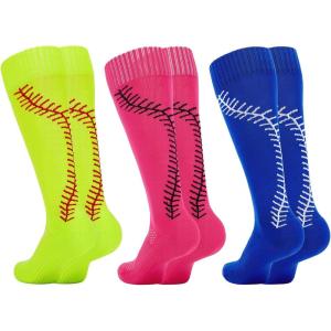 imageAmerican Trends Girls Softball Socks with Stitches 3 Pairs Youth Athletic Softball Socks for Youth Soccer Baseball SocksRose Red  Yellow  Blue