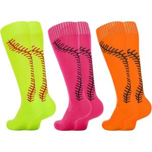 imageAmerican Trends Girls Softball Socks with Stitches 3 Pairs Youth Athletic Softball Socks for Youth Soccer Baseball SocksRose Red  Yellow  Orange