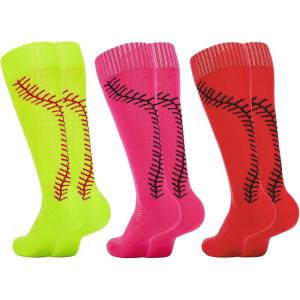 imageAmerican Trends Girls Softball Socks with Stitches 3 Pairs Youth Athletic Softball Socks for Youth Soccer Baseball SocksRose Red  Yellow  Red