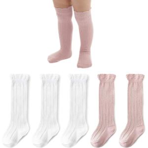 imageAmerican Trends Baby Knee High Socks Girls Tube Long Socks Boys Newborn Infants Toddlers Ruffled SocksA 5 Pack Pink  White