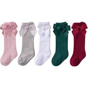 imageAmerican Trends Baby Knee High Socks Girls Tube Long Socks Boys Newborn Infants Toddlers Ruffled SocksE 5 Pack Christmas Bow Knot