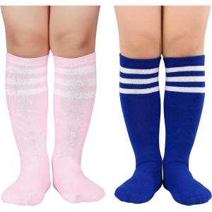 imageAmerican Trends Kids Socks Knee High Uniform Sports Soccer Socks Stripes Tube Socks for Child Boys Girls2 Pack Blue White Pink White