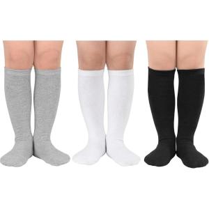imageAmerican Trends Kids Socks Knee High Uniform Sports Soccer Socks Stripes Tube Socks for Child Boys Girls3 Pack BlackWhiteGrey