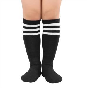 imageAmerican Trends Kids Toddler Soccer Socks Knee High Tube long Socks Three Stripes Uniform Socks for Boys Girls 19 years1 Pack Black White