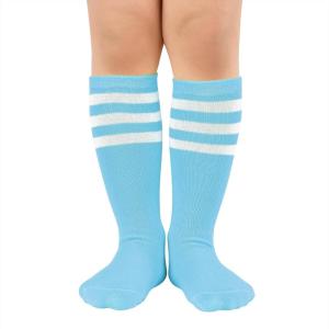 imageAmerican Trends Kids Toddler Soccer Socks Knee High Tube long Socks Three Stripes Uniform Socks for Boys Girls 19 years1 Pack Light Blue White