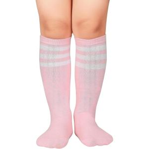 imageAmerican Trends Kids Toddler Soccer Socks Knee High Tube long Socks Three Stripes Uniform Socks for Boys Girls 19 years1 Pack Pink White