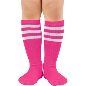 imageAmerican Trends Kids Toddler Soccer Socks Knee High Tube long Socks Three Stripes Uniform Socks for Boys Girls 19 years1 Pack Rose Pink White
