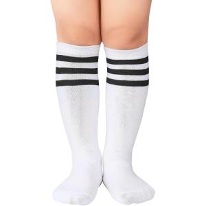 imageAmerican Trends Kids Toddler Soccer Socks Knee High Tube long Socks Three Stripes Uniform Socks for Boys Girls 19 years1 Pack White Black