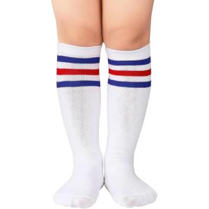 imageAmerican Trends Kids Toddler Soccer Socks Knee High Tube long Socks Three Stripes Uniform Socks for Boys Girls 19 years1 Pack White Blue Red