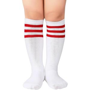 imageAmerican Trends Kids Toddler Soccer Socks Knee High Tube long Socks Three Stripes Uniform Socks for Boys Girls 19 years1 Pack White Red