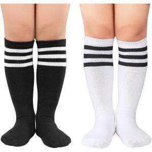 imageAmerican Trends Kids Toddler Soccer Socks Knee High Tube long Socks Three Stripes Uniform Socks for Boys Girls 19 years2 Pack Black WhiteWhite Black