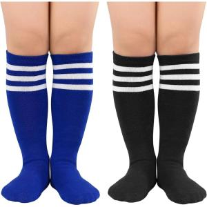 imageAmerican Trends Kids Toddler Soccer Socks Knee High Tube long Socks Three Stripes Uniform Socks for Boys Girls 19 years2 Pack Blue White Black White