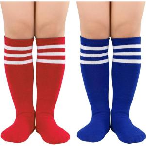 imageAmerican Trends Kids Toddler Soccer Socks Knee High Tube long Socks Three Stripes Uniform Socks for Boys Girls 19 years2 Pack Blue White Red White