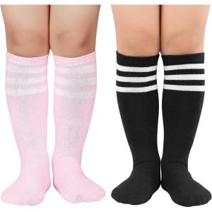 imageAmerican Trends Kids Toddler Soccer Socks Knee High Tube long Socks Three Stripes Uniform Socks for Boys Girls 19 years2 Pack Pink White Black White