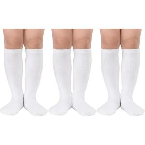 imageAmerican Trends Kids Toddler Soccer Socks Knee High Tube long Socks Three Stripes Uniform Socks for Boys Girls 19 years3 Pack White