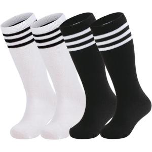 imageAmerican Trends Kids Toddler Soccer Socks Stripes Uniform Knee High Tube Long Youth Soccer Baseball Socks for Boys Girls4 Pack Black White