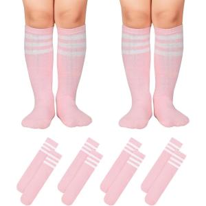 imageAmerican Trends Kids Toddler Soccer Socks Stripes Uniform Knee High Tube Long Youth Soccer Baseball Socks for Boys Girls4 Pack Pink White