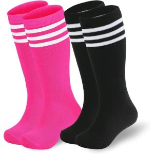 imageAmerican Trends Kids Soccer Socks Toddler Knee High Tube Socks for Boys Girls School Striped Long Sports Athletic Socks2 Pack Black Rose Red White