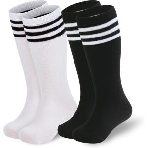 imageAmerican Trends Kids Soccer Socks Toddler Knee High Tube Socks for Boys Girls School Striped Long Sports Athletic Socks2 Pack Black White Black