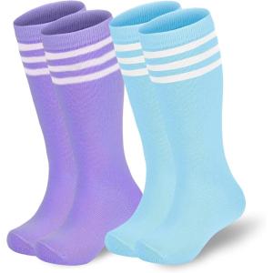 imageAmerican Trends Kids Soccer Socks Toddler Knee High Tube Socks for Boys Girls School Striped Long Sports Athletic Socks2 Pack Light Purple Blue