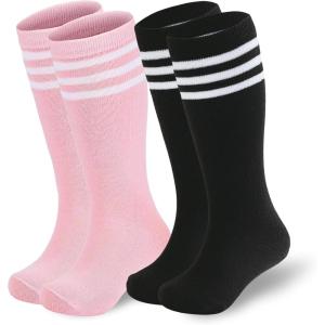 imageAmerican Trends Kids Soccer Socks Toddler Knee High Tube Socks for Boys Girls School Striped Long Sports Athletic Socks2 Pack Pink Black White