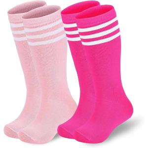 imageAmerican Trends Kids Soccer Socks Toddler Knee High Tube Socks for Boys Girls School Striped Long Sports Athletic Socks2 Pack Pink Rose White