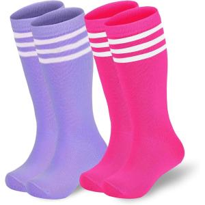 imageAmerican Trends Kids Soccer Socks Toddler Knee High Tube Socks for Boys Girls School Striped Long Sports Athletic Socks2 Pack Purple Rose White