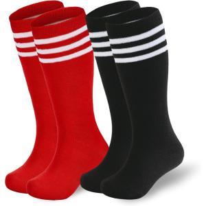 imageAmerican Trends Kids Soccer Socks Toddler Knee High Tube Socks for Boys Girls School Striped Long Sports Athletic Socks2 Pack Red Black White
