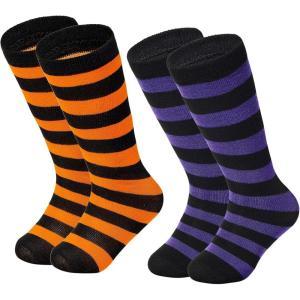 imageAmerican Trends Kids Soccer Socks Toddler Knee High Tube Socks for Boys Girls School Striped Long Sports Athletic Socks2 Pack Striped Black Orange Purple