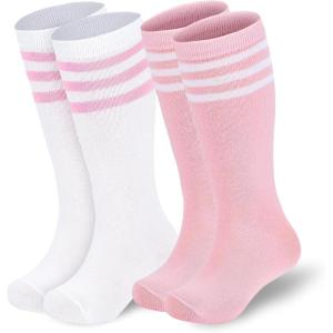 imageAmerican Trends Kids Soccer Socks Toddler Knee High Tube Socks for Boys Girls School Striped Long Sports Athletic Socks2 Pack White Pink White