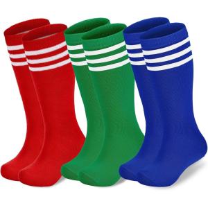 imageAmerican Trends Kids Soccer Socks Toddler Knee High Tube Socks for Boys Girls School Striped Long Sports Athletic Socks3 Pack Blue Green Red