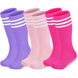 imageAmerican Trends Kids Soccer Socks Toddler Knee High Tube Socks for Boys Girls School Striped Long Sports Athletic Socks3 Pack Light Purple Hot Pink Pink White