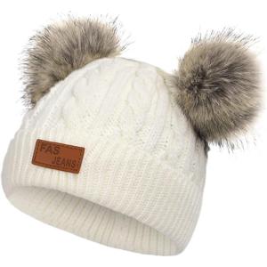 imageAmerican Trends Baby Beanie Hat Double Pom Pom Toddler Beanies Knit Infant Winter Hat Caps for Boys GirlsA White