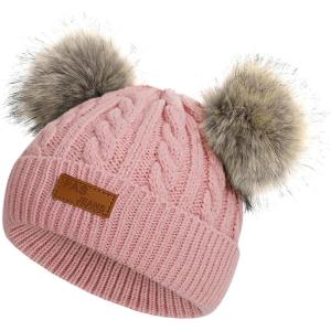 imageAmerican Trends Baby Beanie Hat Double Pom Pom Toddler Beanies Knit Infant Winter Hat Caps for Boys GirlsB Dark Pink