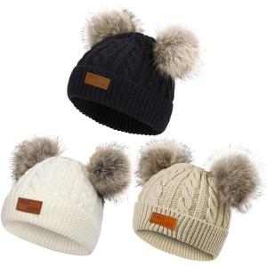 imageAmerican Trends Baby Beanie Hat Double Pom Pom Toddler Beanies Knit Infant Winter Hat Caps for Boys GirlsBlackwhitekhaki