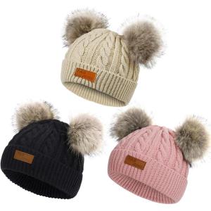 imageAmerican Trends Baby Beanie Hat Double Pom Pom Toddler Beanies Knit Infant Winter Hat Caps for Boys GirlsKhakiblackdark Pink