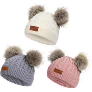 imageAmerican Trends Baby Beanie Hat Double Pom Pom Toddler Beanies Knit Infant Winter Hat Caps for Boys GirlsWhitegraydark Pink