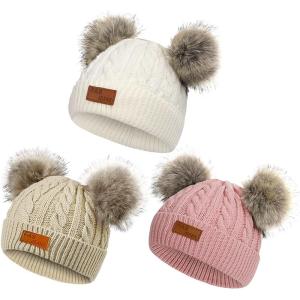imageAmerican Trends Baby Beanie Hat Double Pom Pom Toddler Beanies Knit Infant Winter Hat Caps for Boys GirlsWhitekhakidark Pink