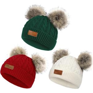 imageAmerican Trends Baby Beanie Hat Double Pom Pom Toddler Beanies Knit Infant Winter Hat Caps for Boys GirlsWhitereddark Green