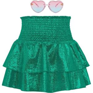 imageAmerican Trends Girls Sequin Sparkly Skirts Girls Metallic Skirt 2Layer Ruffle Skirts with Sunglasses Cheerleaders SkirtDark Green