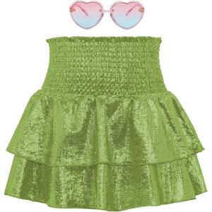 imageAmerican Trends Girls Sequin Sparkly Skirts Girls Metallic Skirt 2Layer Ruffle Skirts with Sunglasses Cheerleaders SkirtGreen