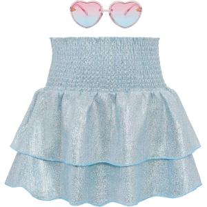 imageAmerican Trends Girls Sequin Sparkly Skirts Girls Metallic Skirt 2Layer Ruffle Skirts with Sunglasses Cheerleaders SkirtLake Blue