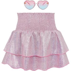 imageAmerican Trends Girls Sequin Sparkly Skirts Girls Metallic Skirt 2Layer Ruffle Skirts with Sunglasses Cheerleaders SkirtPink