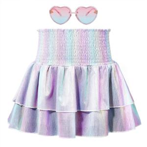 imageAmerican Trends Girls Sequin Sparkly Skirts Girls Metallic Skirt 2Layer Ruffle Skirts with Sunglasses Cheerleaders SkirtRainbow