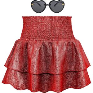 imageAmerican Trends Girls Sequin Sparkly Skirts Girls Metallic Skirt 2Layer Ruffle Skirts with Sunglasses Cheerleaders SkirtRed