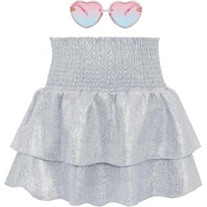 imageAmerican Trends Girls Sequin Sparkly Skirts Girls Metallic Skirt 2Layer Ruffle Skirts with Sunglasses Cheerleaders SkirtSilver